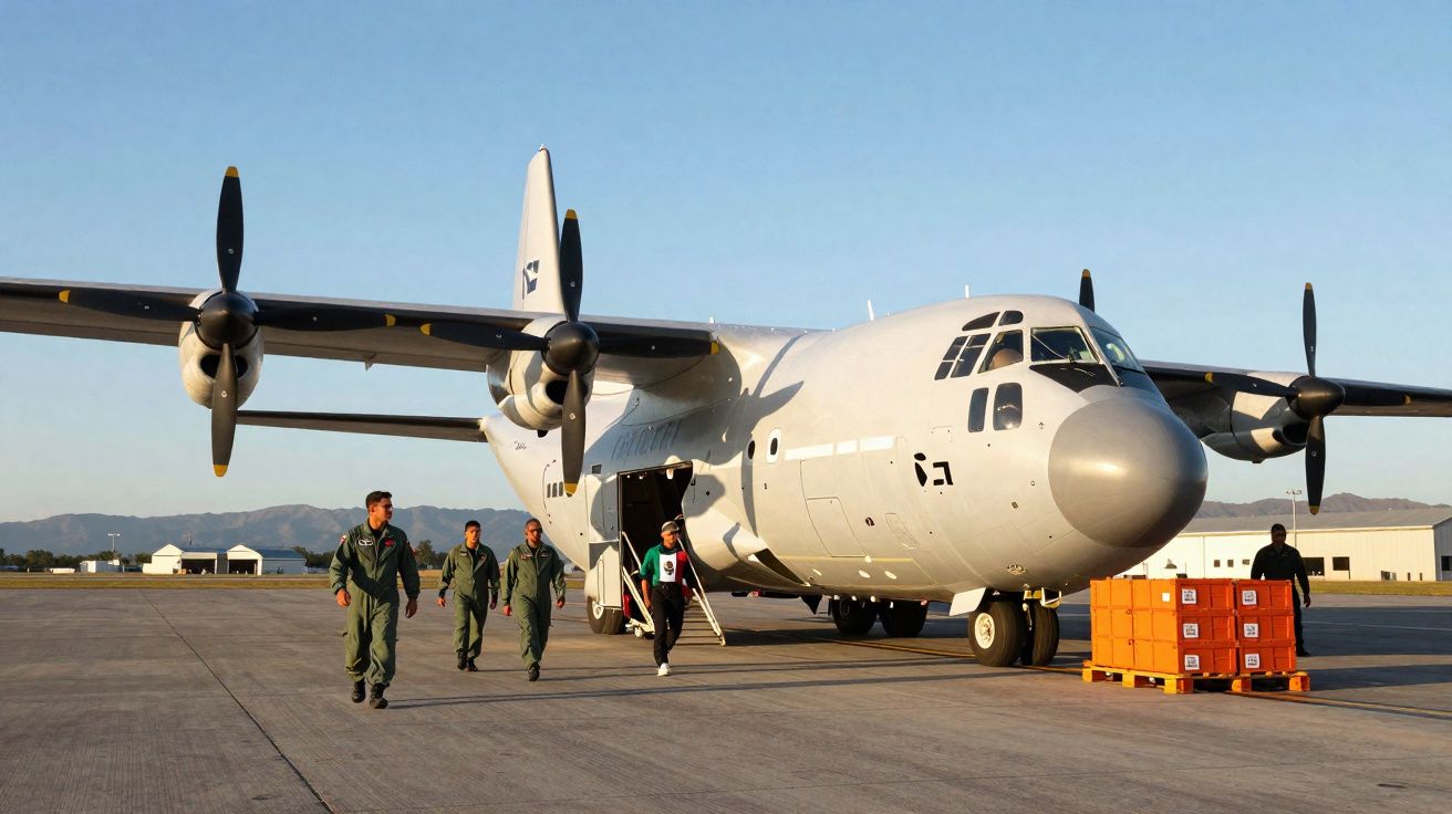 Quatro pessoas a caminhar junto a um avião militar de quatro hélices numa pista de aterragem ao pôr do sol.