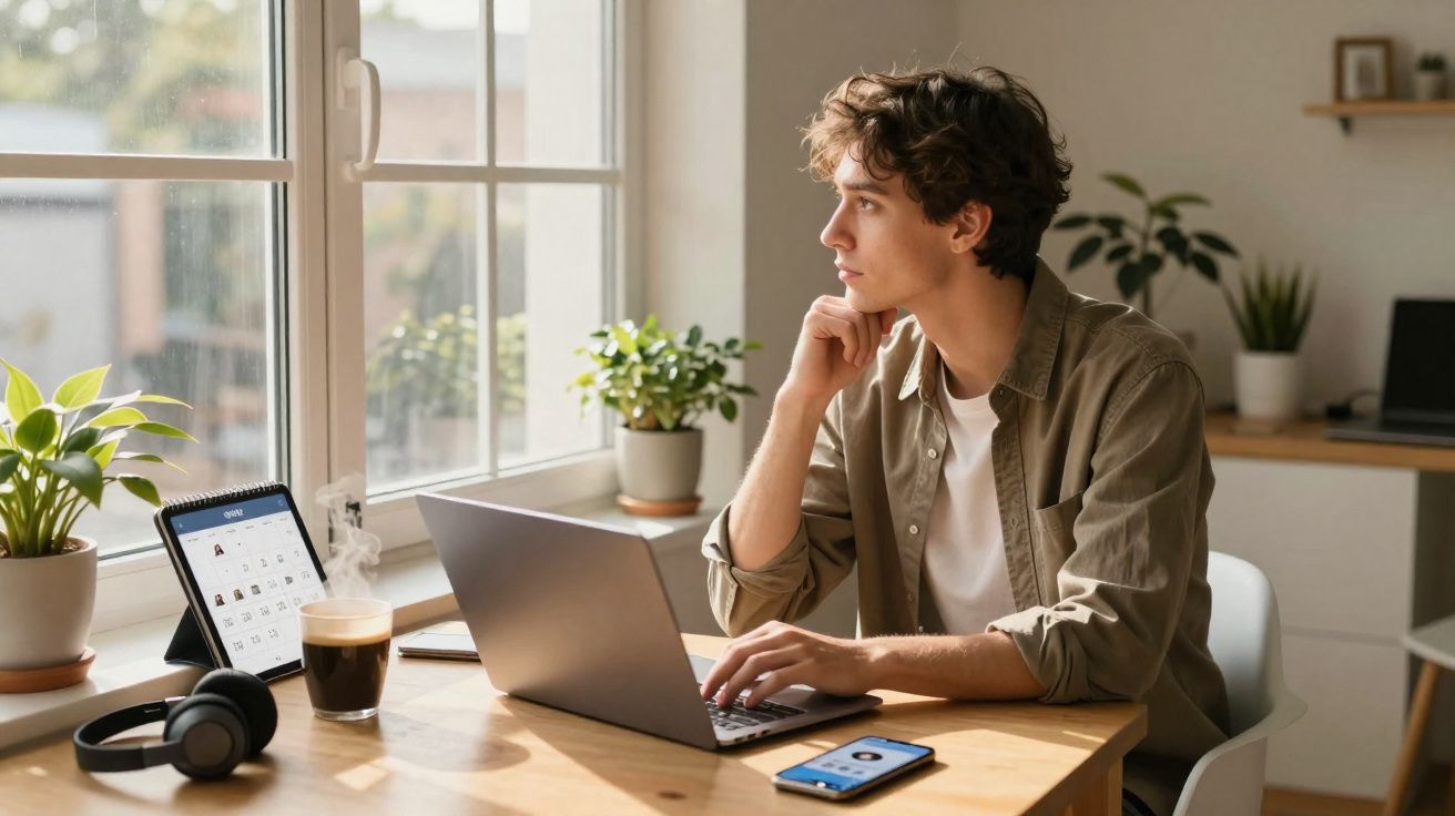 Jovem a trabalhar num portátil perto da janela, com auriculares, café e dispositivo digital numa mesa iluminada.