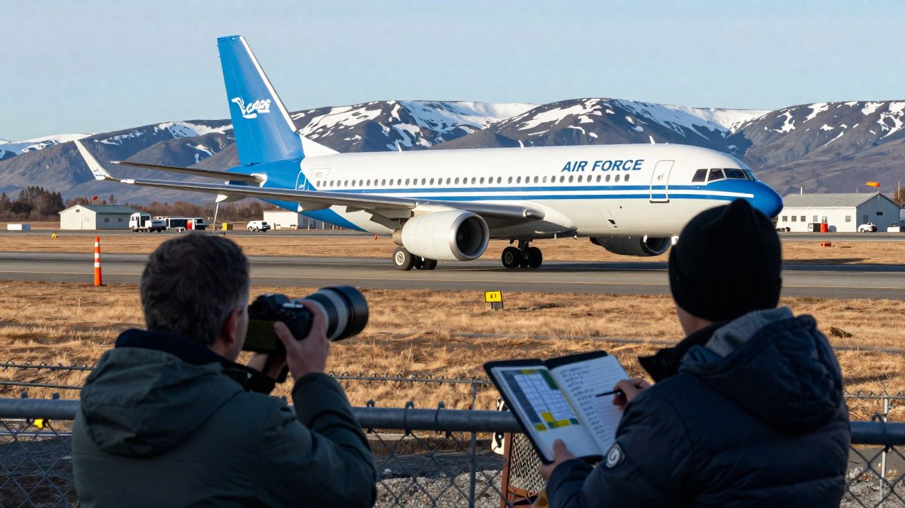 Avião da Air Force na pista de aterragem com duas pessoas a observar e fotografar, montanhas ao fundo.