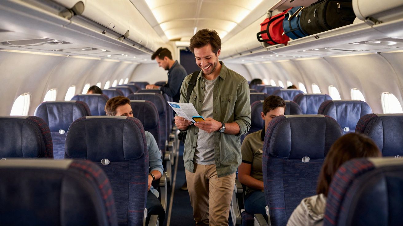 Homem sorridente caminha no corredor de avião com bilhete e documento na mão, passageiros sentados.