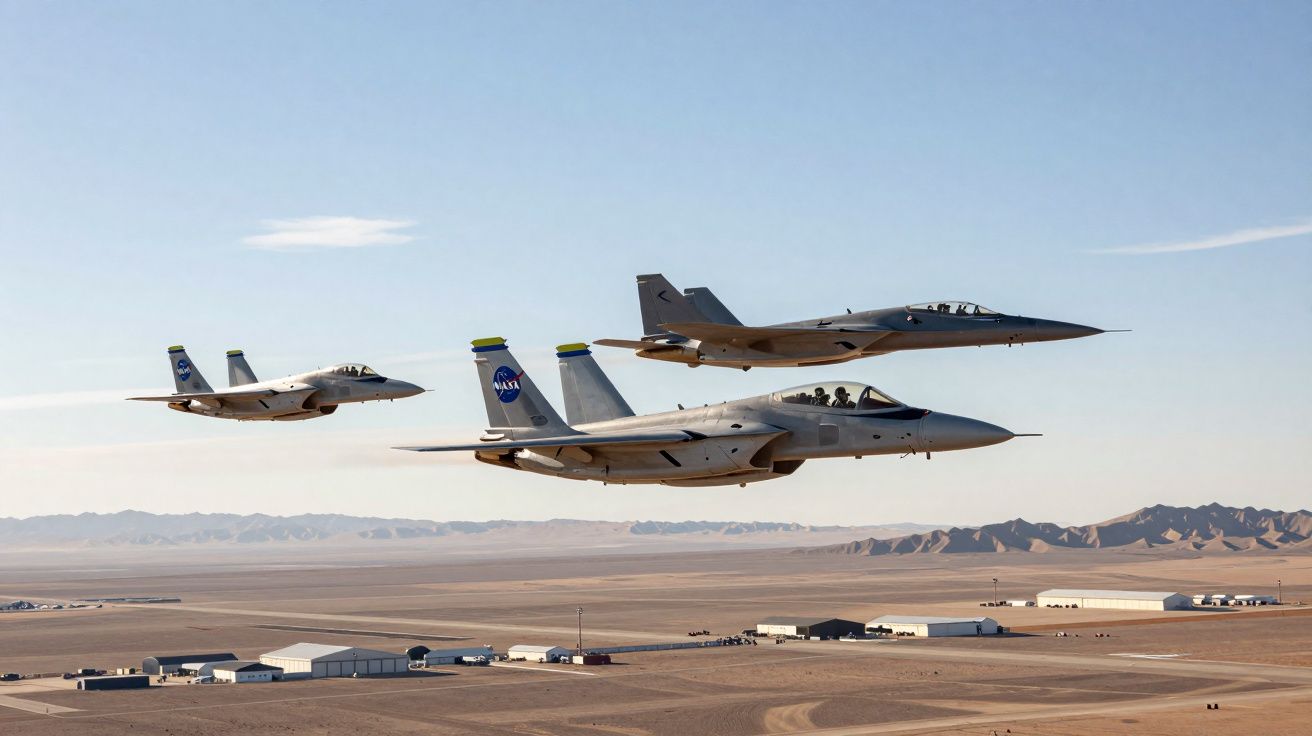 Três aviões militares a sobrevoar uma base no deserto em dia de céu limpo.