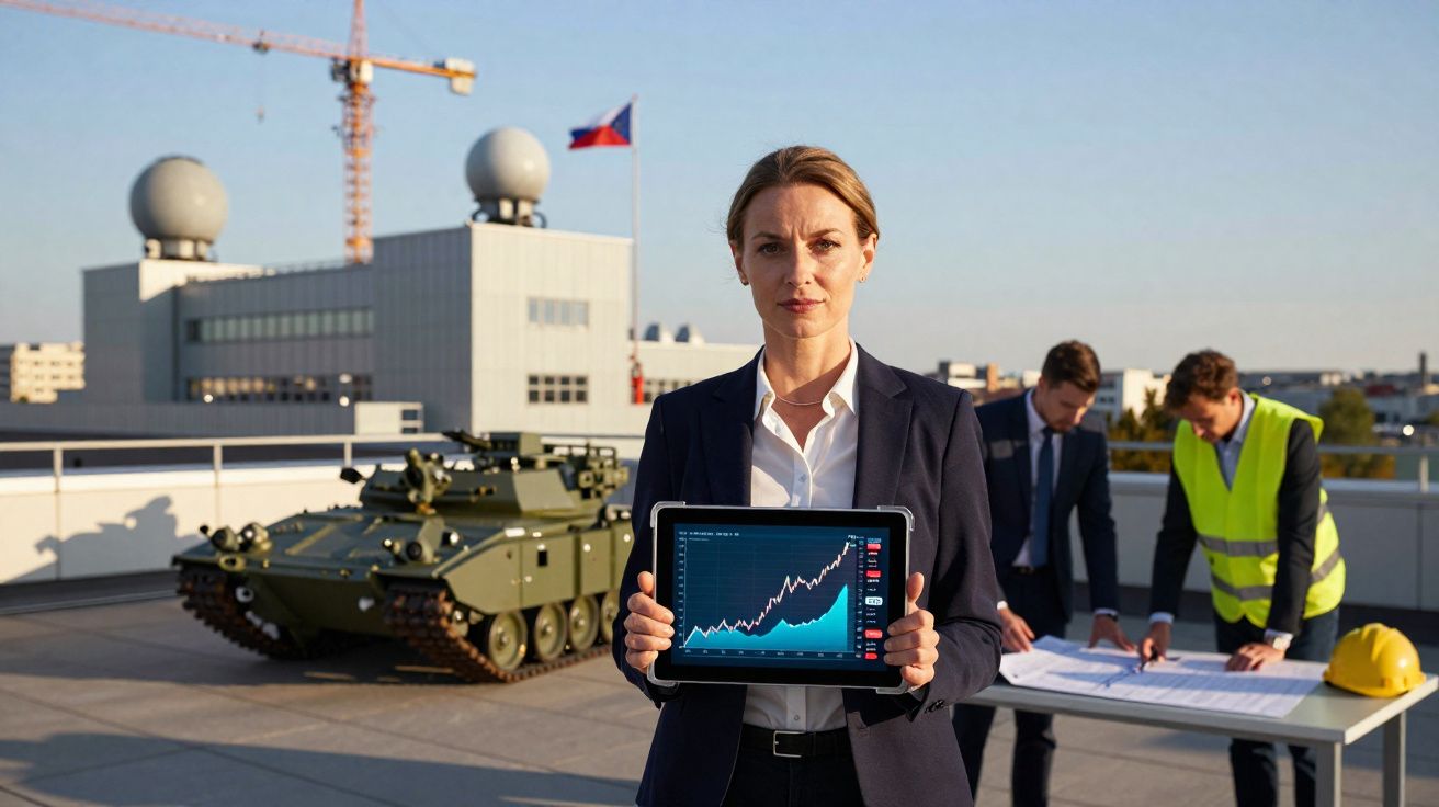 Mulher de negócios segura tablet com gráfico, tanque militar e profissionais a analisar projetos ao fundo.