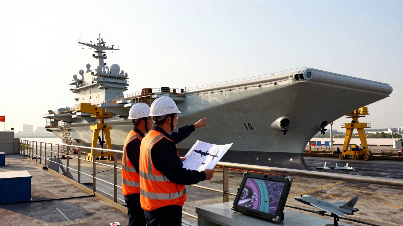 Dois trabalhadores com coletes e capacetes de segurança observam um porta-aviões num estaleiro naval.