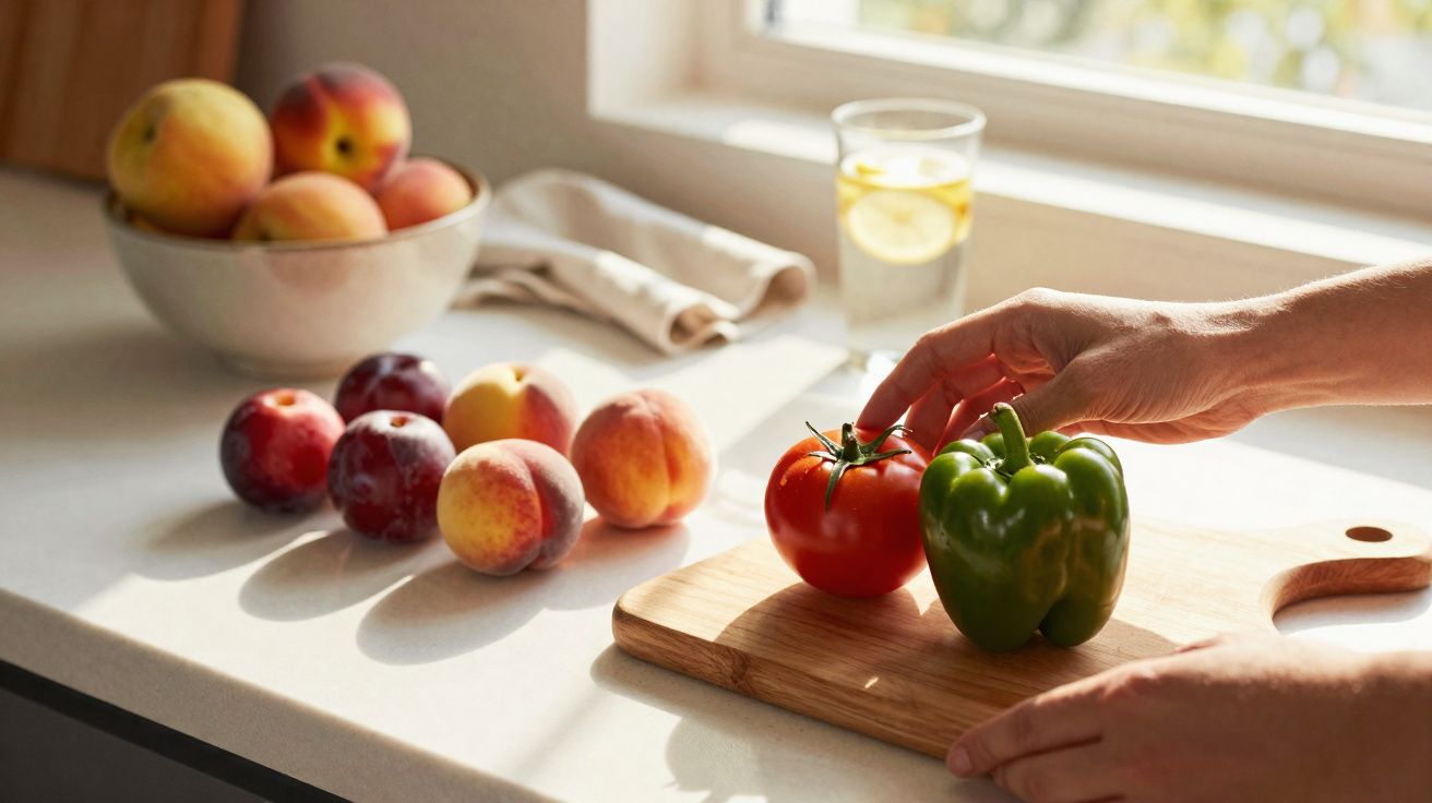Mãos a colocar tomate e pimento verde numa tábua de madeira, com pêssegos e ameixas numa bancada iluminada.