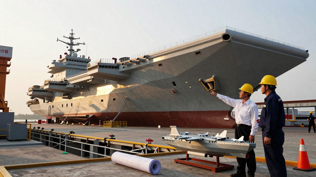 Dois engenheiros com capacetes observam um grande porta-aviões no estaleiro durante o dia.