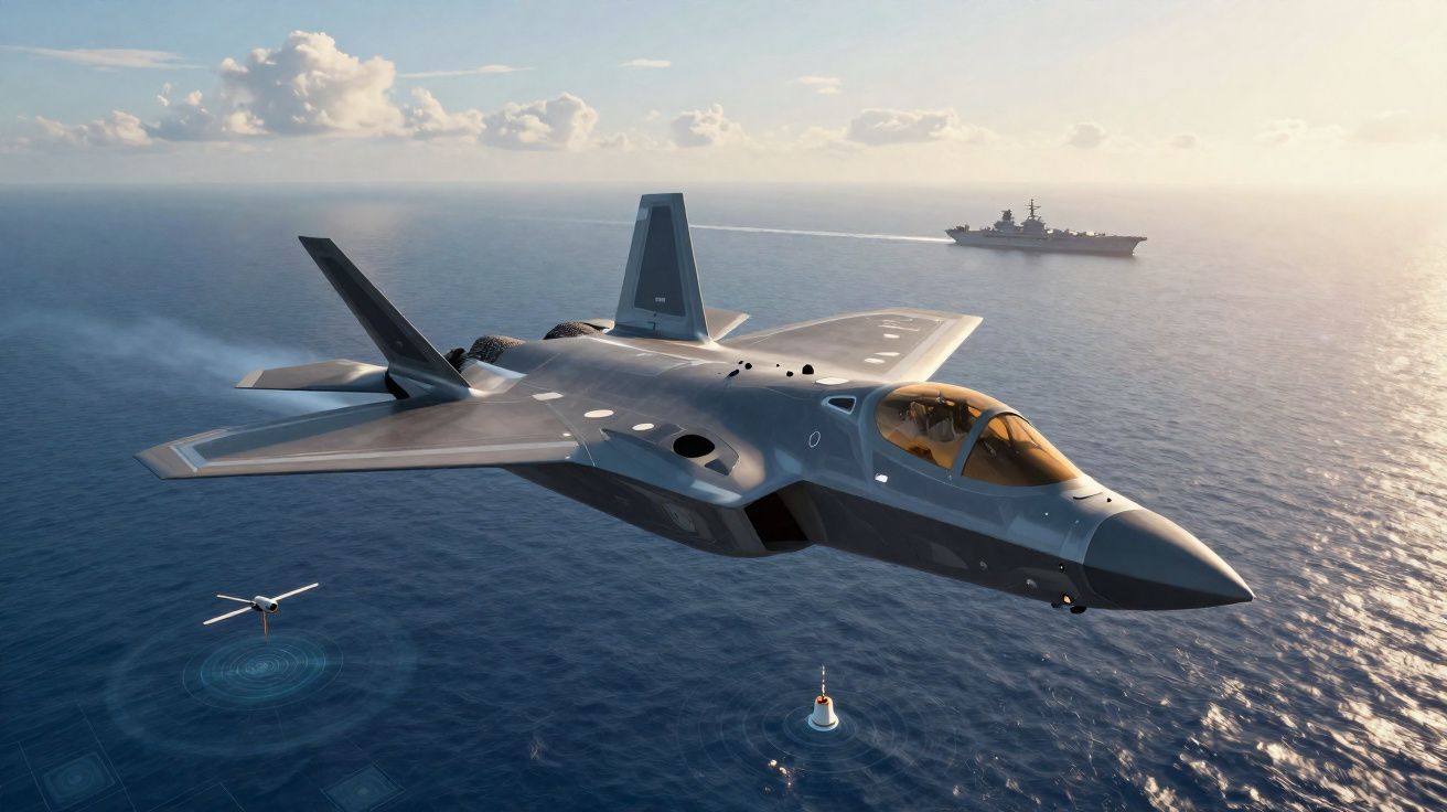 Avião de caça a voar sobre o oceano, com navio militar ao fundo e drone marítimo na água.