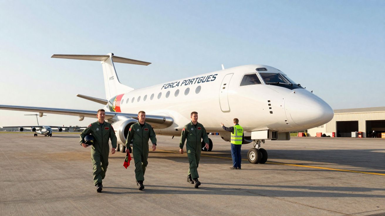 Três pilotos em fatos verdes caminham à frente de avião branco da Força Aérea Portuguesa estacionado no aeroporto.