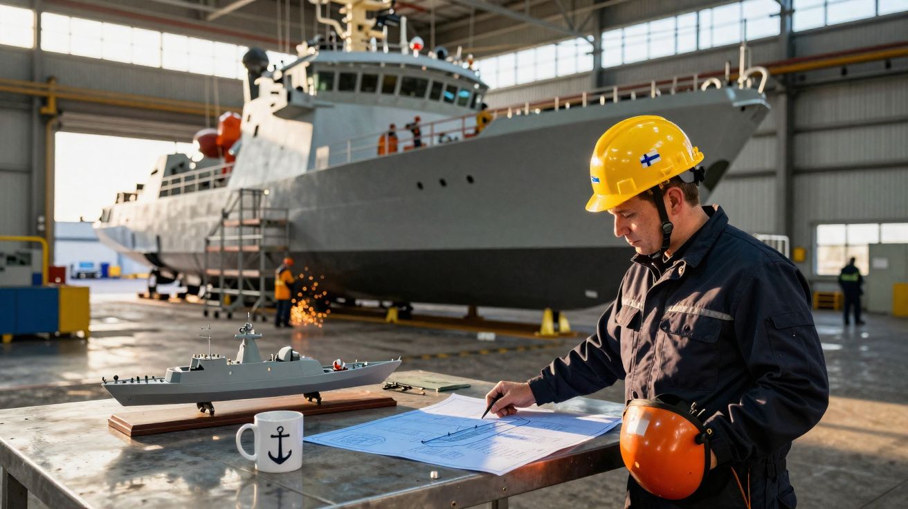 Homem com capacete amarelo consulta planta ao lado de modelo de navio num estaleiro naval interior.