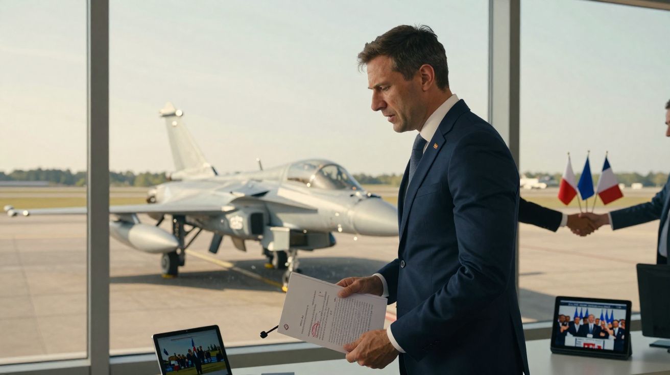Homem de fato azul analisa documentos com jato militar ao fundo e bandeiras da França numa sala com vidros grandes.