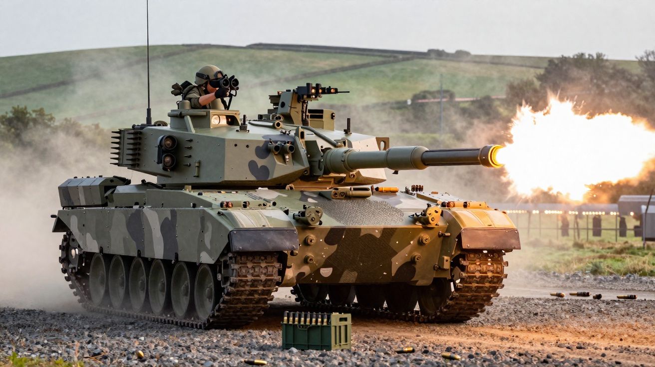 Tanque militar camuflado a disparar em campo aberto com soldado operando lançador de mísseis.