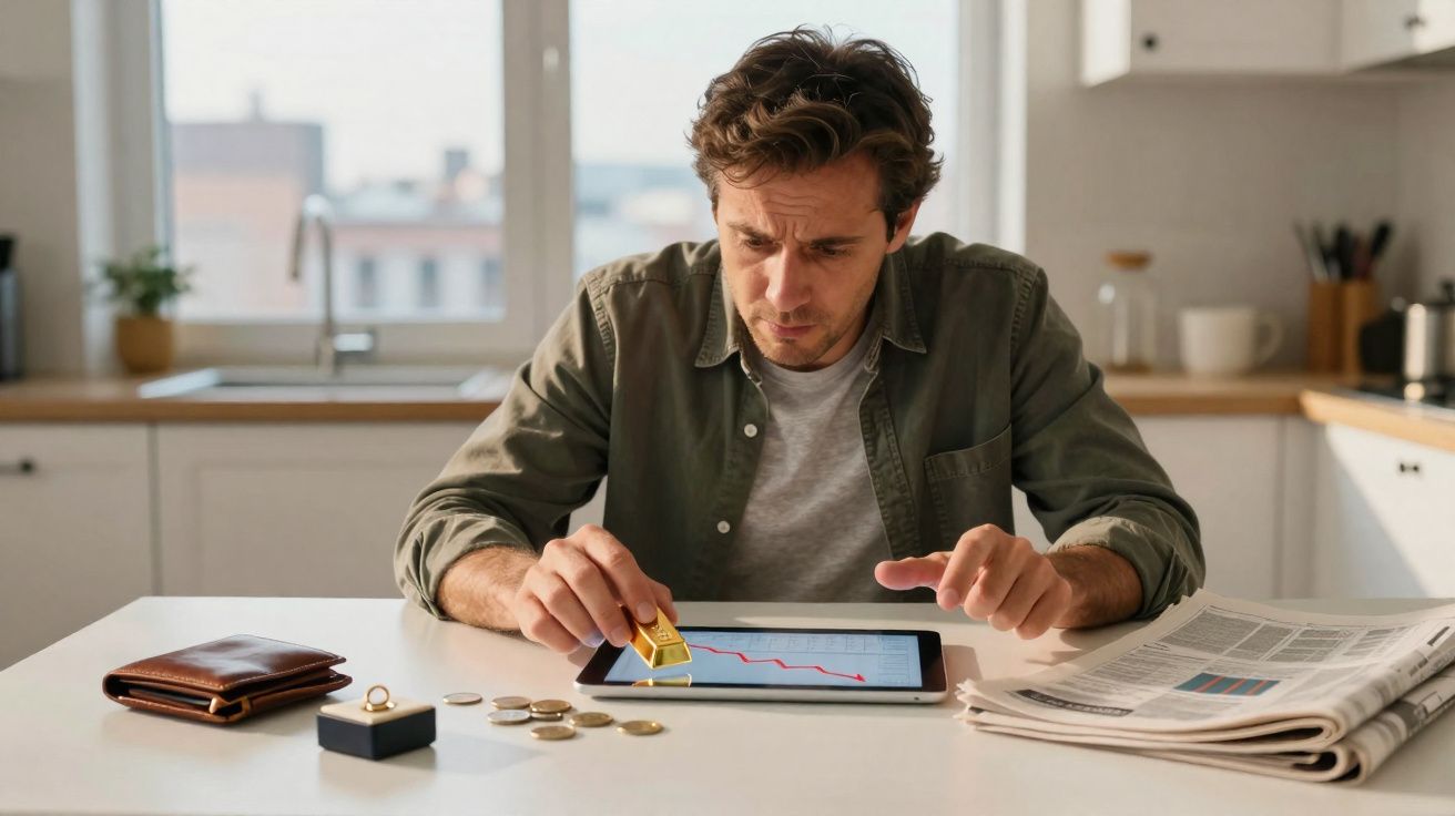 Homem preocupado analisa gráfico decrescente num tablet, com moedas, carteira e jornal à sua frente na cozinha.
