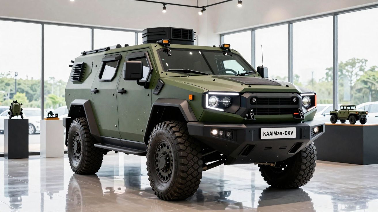 Veículo militar blindado verde KAAIMan-DXV exposto em espaço com janelas amplas e piso brilhante.