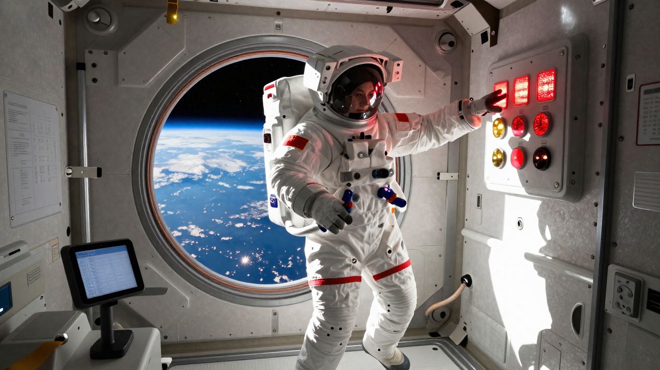 Astronauta em fato espacial a operar painel de controlo dentro de estação espacial com vista para a Terra.