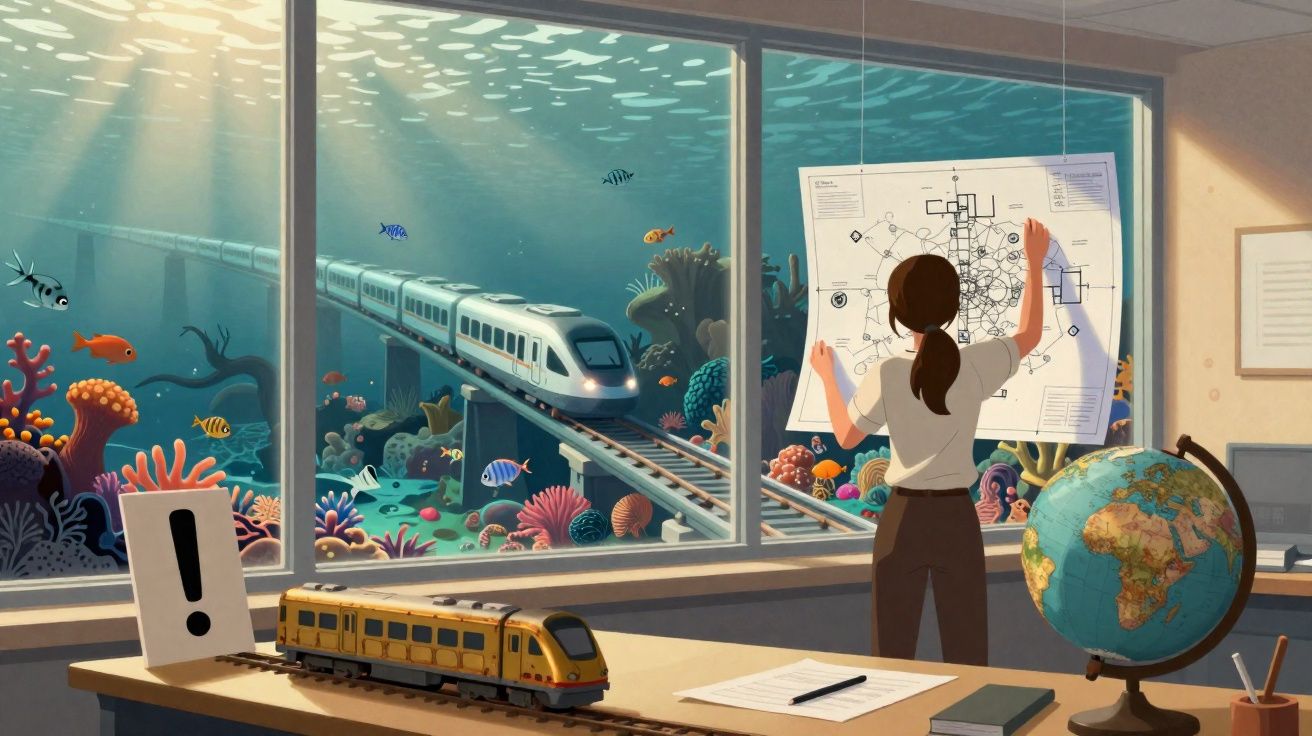 Mulher a analisar projeto de comboio junto a janela com comboio futurista a atravessar um oceano cheio de corais e peixes.