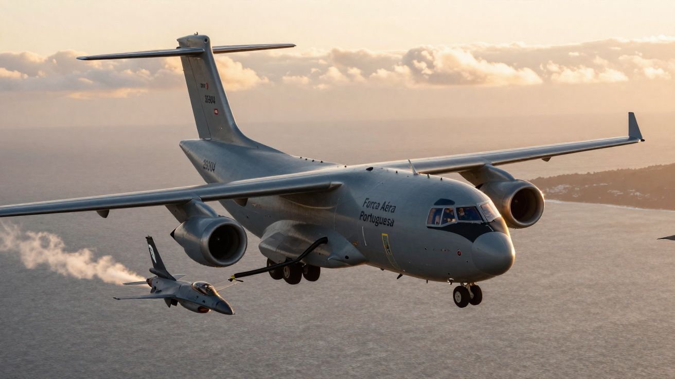 Aeronave militar da Força Aérea Portuguesa em voo sobre o mar ao pôr do sol acompanhada por jato menor.