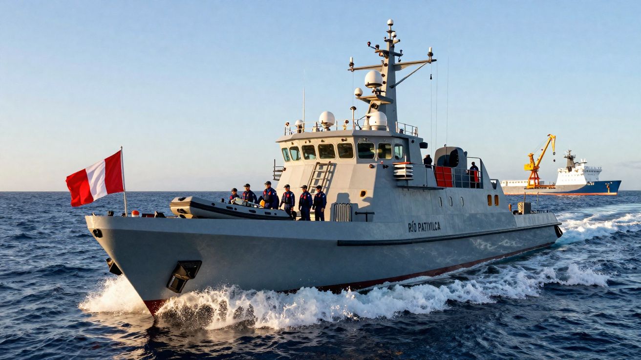 Navio patrulha Rió Pativilca com tripulação em mar aberto e bandeira do Peru à proa.