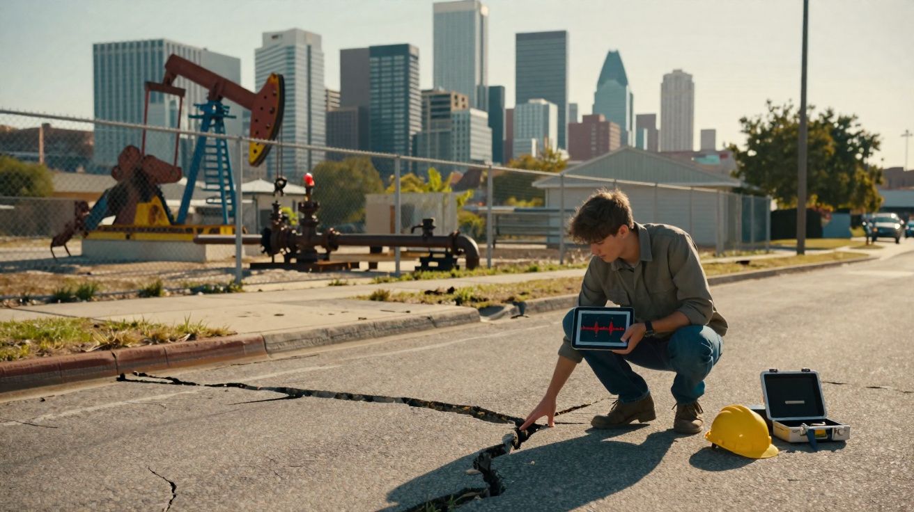 Homem com tablet examina grande rachadura no chão de estrada próxima a maquinaria industrial e edifícios altos.