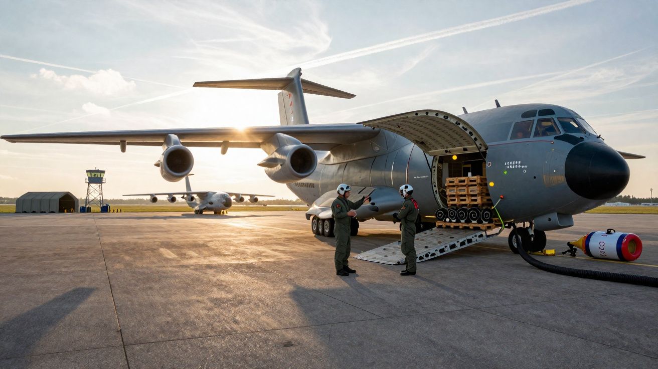 Avião militar no aeroporto com rampa aberta e duas pessoas a conversar junto à carga.