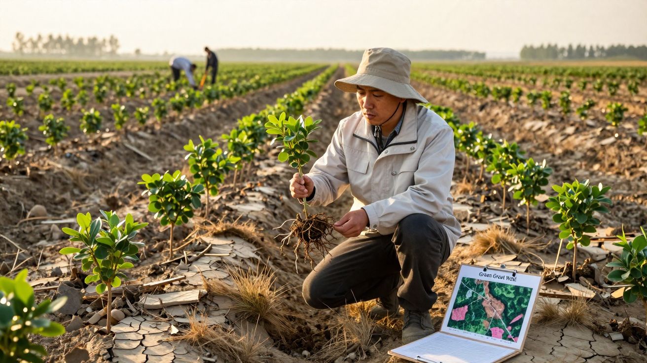 Agricultor asiático examina muda de planta em campo seco com mapa agrícola num caderno no chão.