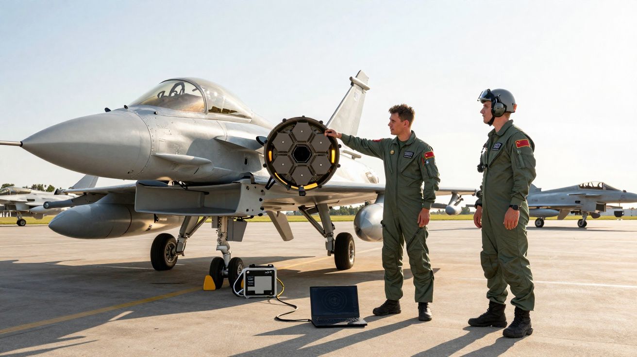 Dois pilotos em fato de voo junto a caça F-16 na pista, com equipamento eletrónico ligado ao avião.