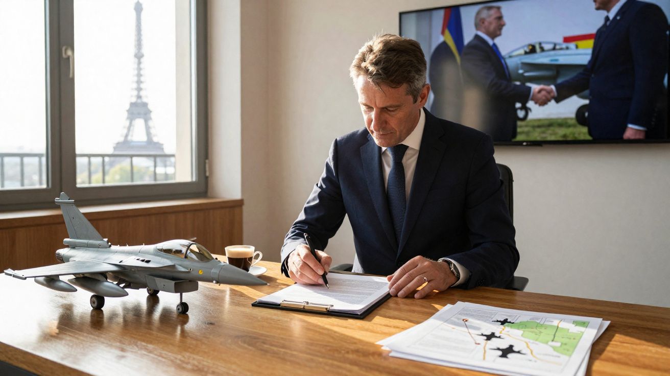 Homem de fato azul assinado documento numa mesa com modelo de avião e Torre Eiffel ao fundo.