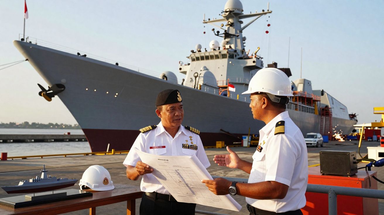 Dois oficiais navais discutem planos junto a modelo e casco de navio militar atracado.