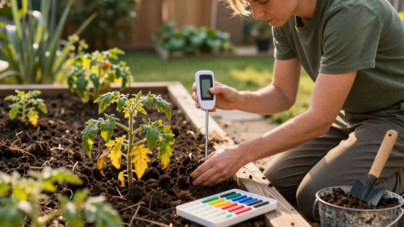 Pessoa a medir a humidade do solo numa horta com plantas jovens num jardim ao ar livre.