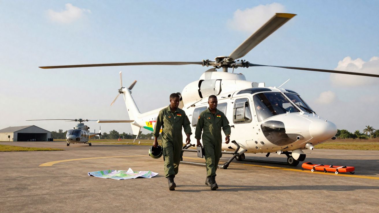 Dois pilotos militares a caminhar junto a um helicóptero branco numa pista de aterragem ao ar livre.