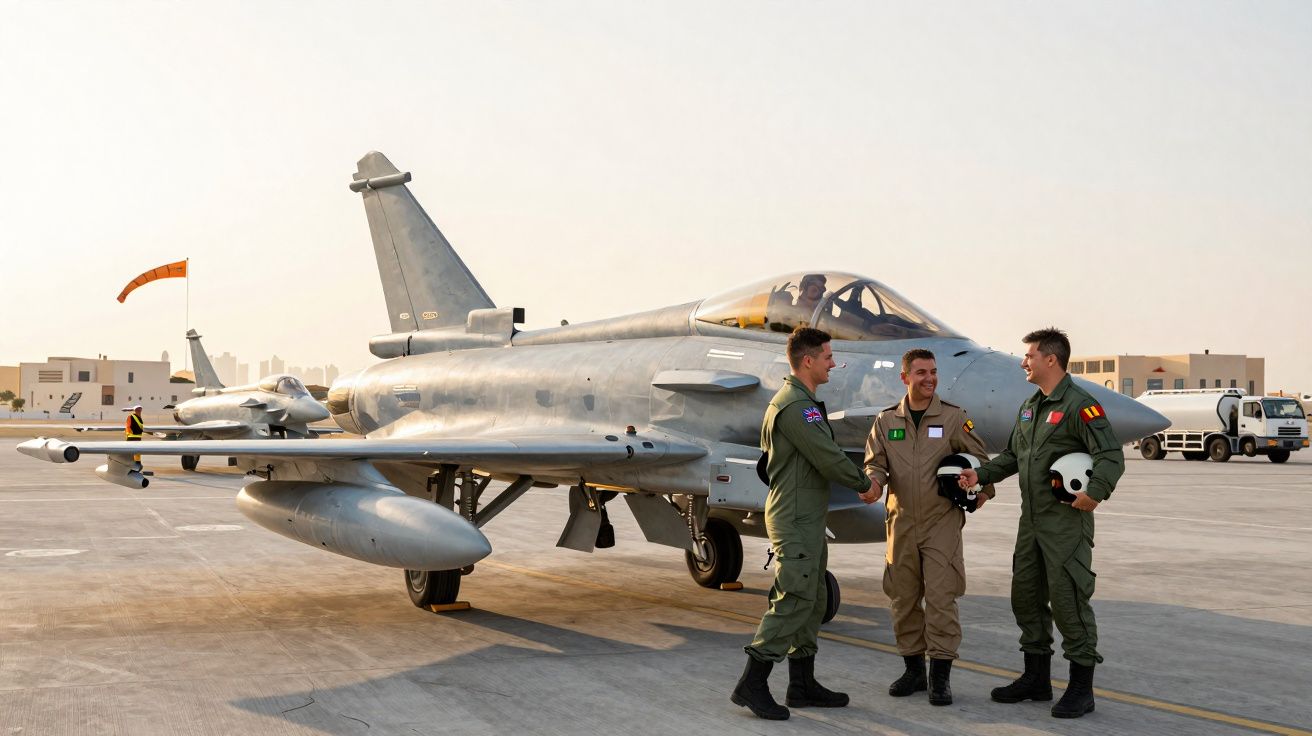 Três pilotos militares em uniforme cumprimentam-se junto a um caça estacionado numa base aérea ao pôr do sol.