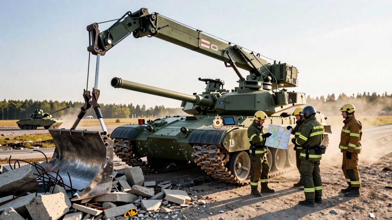 Tanque militar equipado com lança escavadora e três homens de capacete a analisar um mapa numa zona de destroços.