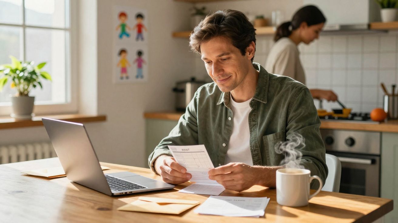 Homem jovem a analisar documentos numa mesa com computador, enquanto mulher cozinha na cozinha atrás.
