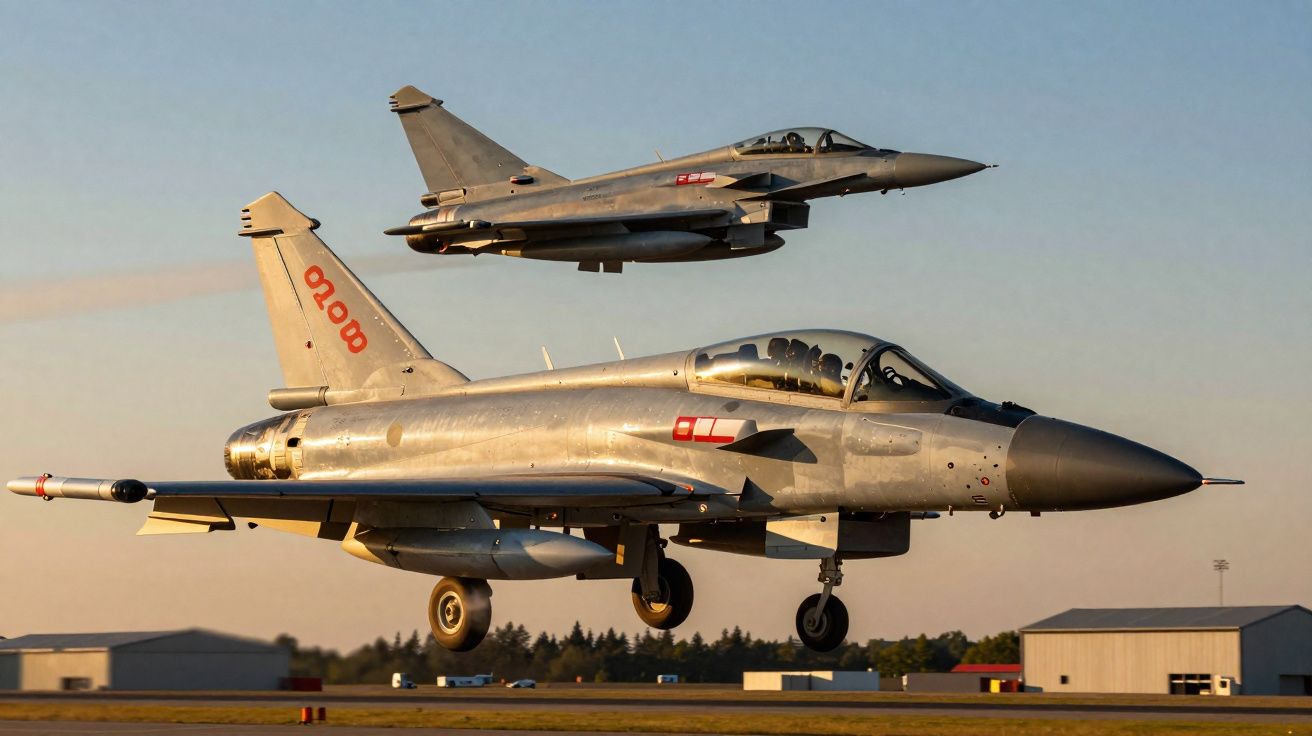 Dois jatos militares em voo baixo sobre pista de aeroporto ao pôr do sol.