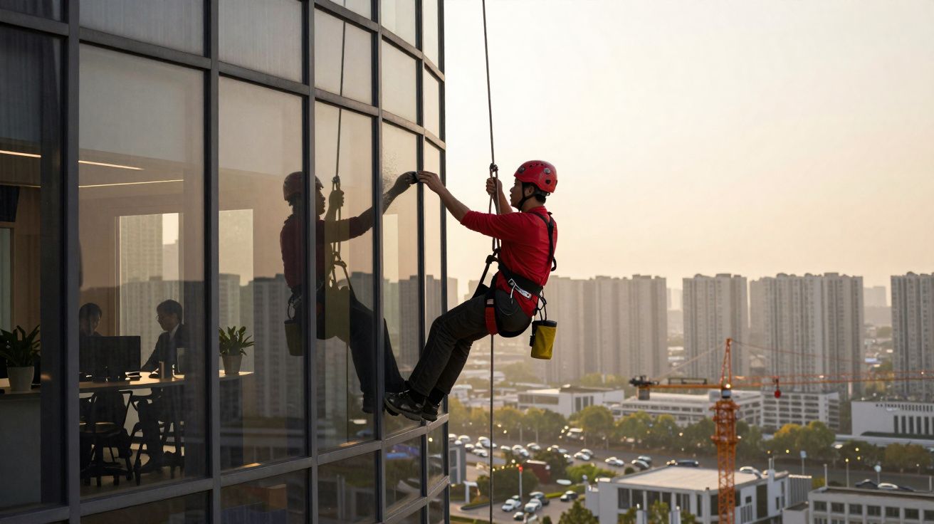 Homem com equipamento de segurança limpa janelas de edifício alto numa cidade ao pôr do sol.