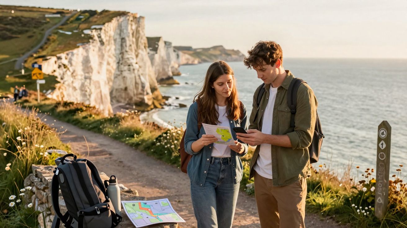 Casal jovem com mochila consulta mapa e telemóvel em trilho junto a falésias e mar ao pôr do sol.