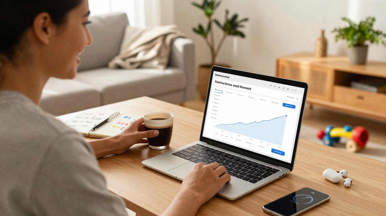 Pessoa a beber café enquanto analisa gráfico de crescimento num computador portátil numa sala de estar.