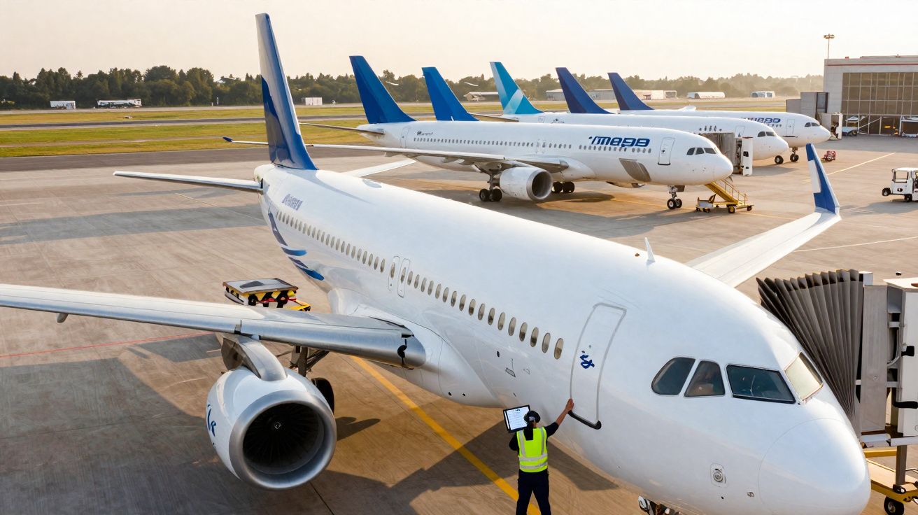 Avião branco estacionado no aeroporto com trabalhador em colete refletor junto à porta da cabine.