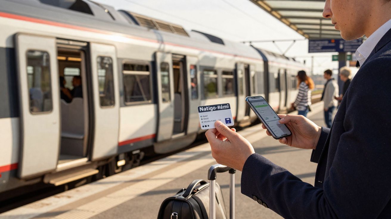 Homem com fato verifica bilhete digital no telemóvel em plataforma de estação de comboios com comboio parado.