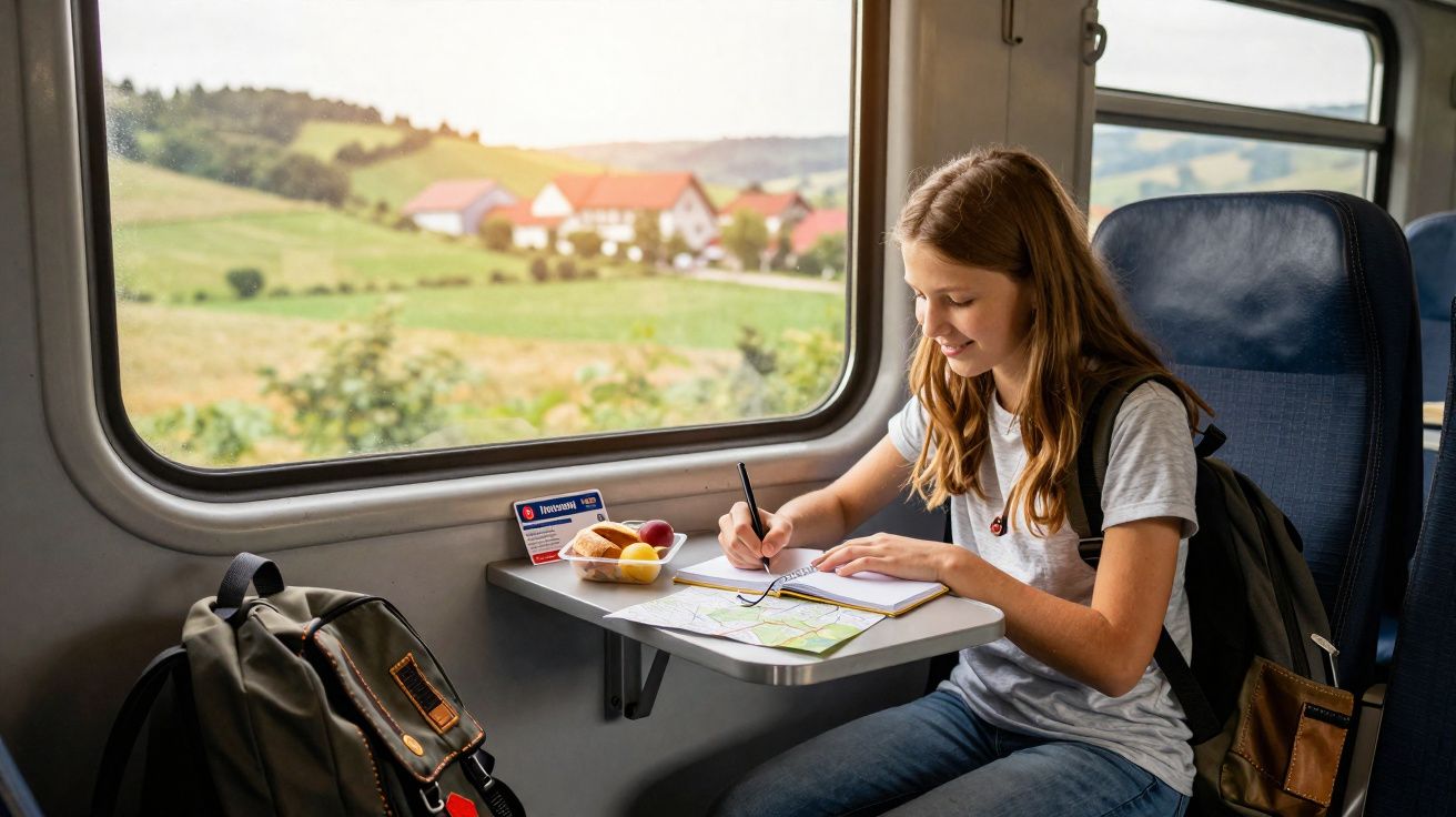 Jovem a escrever num caderno enquanto viaja de comboio, com mapa e lanche sobre a mesa.