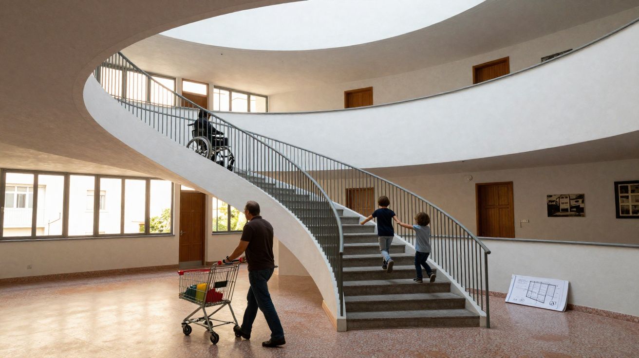 Interior de edifício com escada curva, duas crianças a subir, homem com carrinho e pessoa em cadeira de rodas.