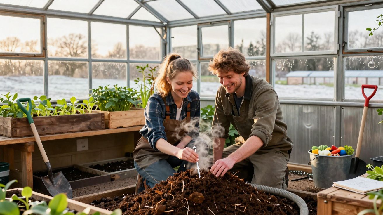 Casal sorridente a preparar terra húmida para plantação numa estufa com várias plantas ao redor.