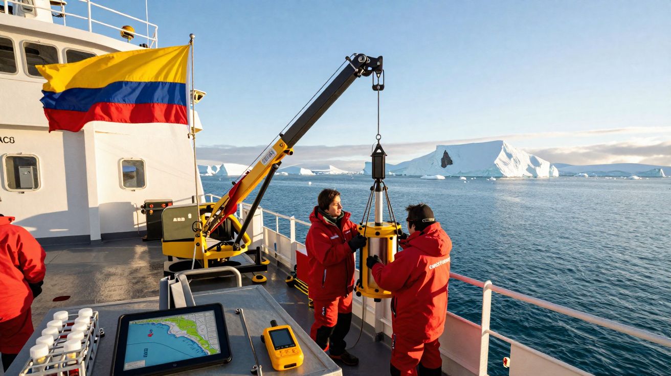 Dois investigadores em fatos vermelhos usam equipamento num navio polar com icebergues no mar ao fundo.