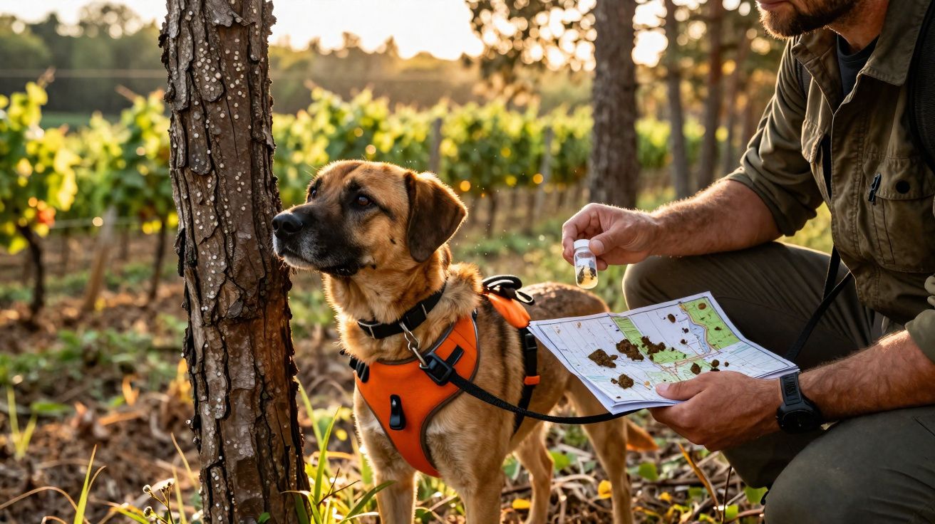 Cão com peitoral laranja ao lado de homem que segura um mapa num campo ao pôr do sol.