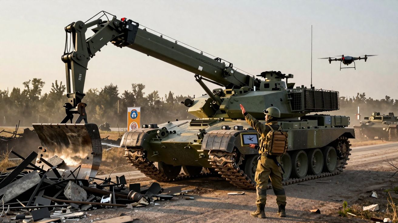 Soldado coordena operação de veículo blindado equipado com guindaste para limpar destroços, com drone ao lado.