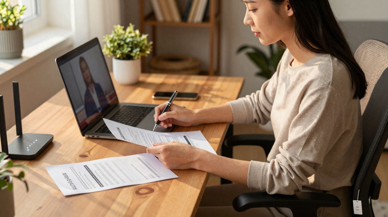Mulher sentada a trabalhar em documentos com computador portátil aberto numa mesa de madeira.