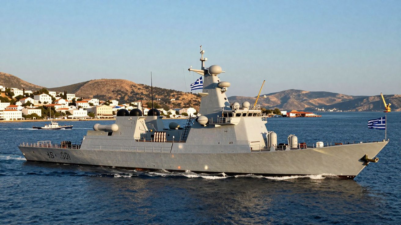 Navio de guerra grego cinzento navegando próximo à costa com casas e colinas ao fundo.