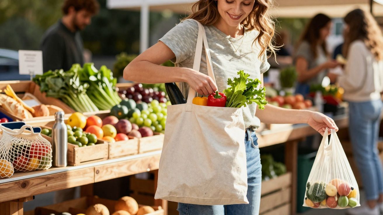 Mulher a colocar legumes numa ecobag num mercado ao ar livre, com bancas de frutas ao fundo.