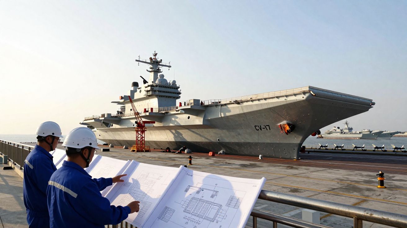 Dois engenheiros com capacetes analisam plantas junto a um porta-aviões no cais durante o dia.