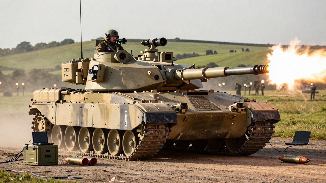 Tanque de guerra a disparar em campo aberto com soldado visível na torre e munições no chão.