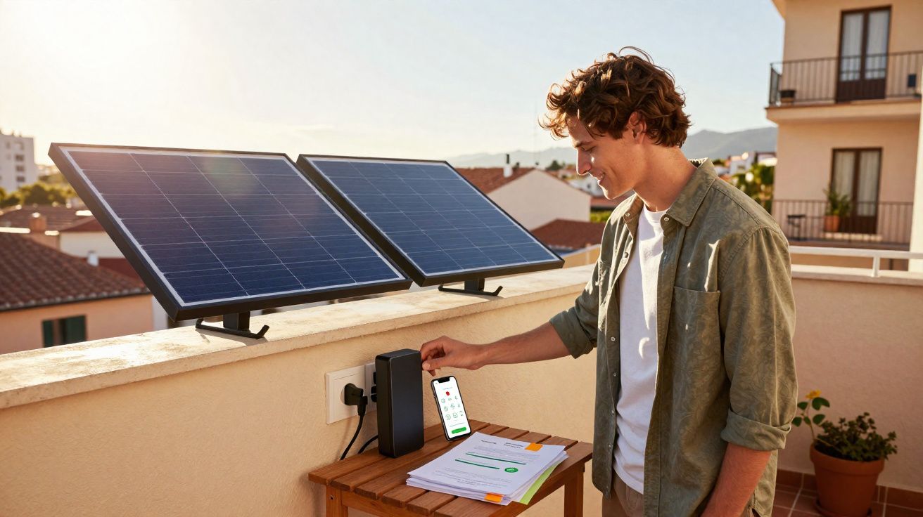Homem a carregar um dispositivo com energia de painéis solares num terraço durante o dia.