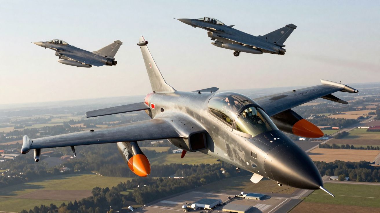 Três aviões militares a jato em voo sobre uma paisagem rural com campos e edifícios.